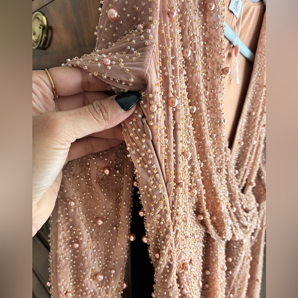 Oh Polly Chelsea Embellished Wrap Over A-Line Mini Dress in Beige - Picture 9 of 14